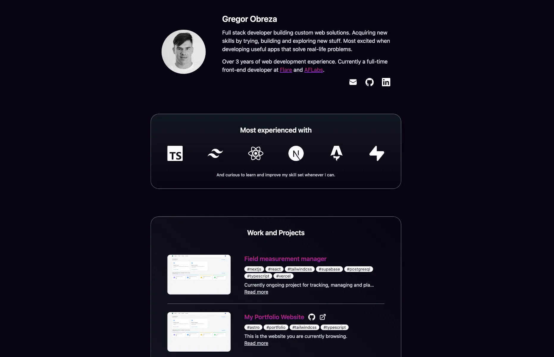 Screenshot of Gregor obreza's portfolio website.